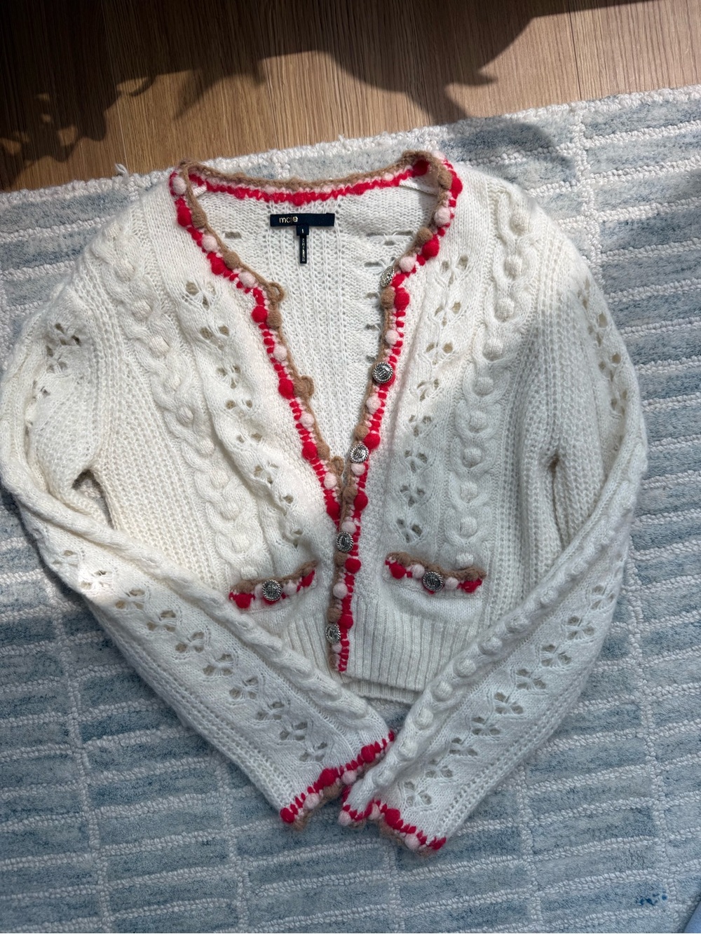 Maje Cream Cable-Knit Cardigan with Pink and Tan Trim